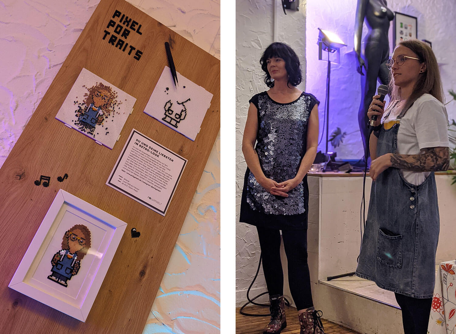 Zweigeteiltes Bild. Die linke Seite zeigt einen Pixelprozess vom Start zum fertigen Bild. Die rechte Seite zeigt die Veranstalterin der Ausstellung zusammen mit der Künstlerin Ina Preuß auf der Vernissage Zweigeteiltes Bild. Die linke Seite zeigt einen Pixelprozess vom Start zum fertigen Bild. Die rechte Seite zeigt die Veranstalterin der Ausstellung zusammen mit der Künstlerin Ina Preuß auf der Vernissage