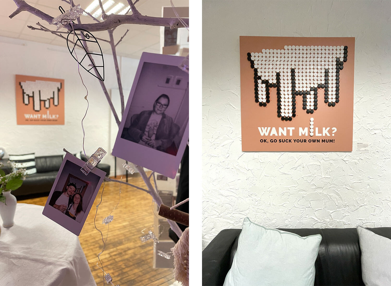 Bild eines Werkes, welches aus recycelten Pflanzenmilch-Deckeln entstanden ist Bild eines Werkes, welches aus recycelten Pflanzenmilch-Deckeln entstanden ist